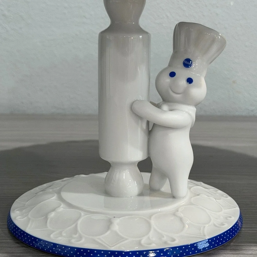Pillsbury Doughboy Footed Cake Stand and Server Set Danbury Mint 2004 White Blue